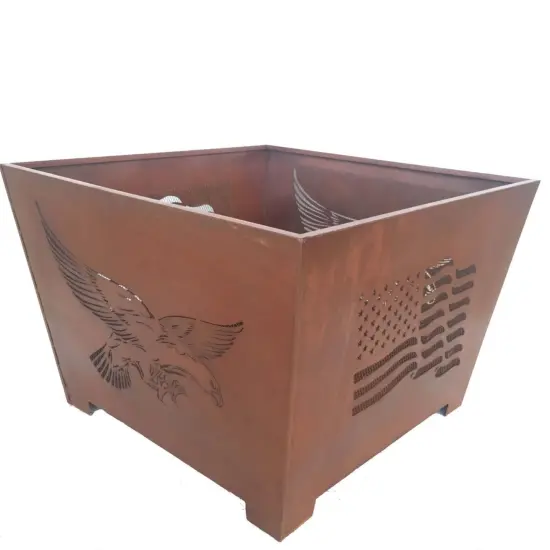 Esschert Design 24" Brown Rustic Finish American Flag and Eagle Square Outdoor Fire Basket {1}
