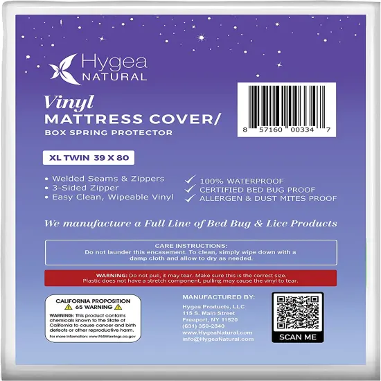 Hygea Natural 6 Gauge Vinyl Bed Bug Mattress/Box Spring Cover-XL Twin Size 39"x80"x9" {2}