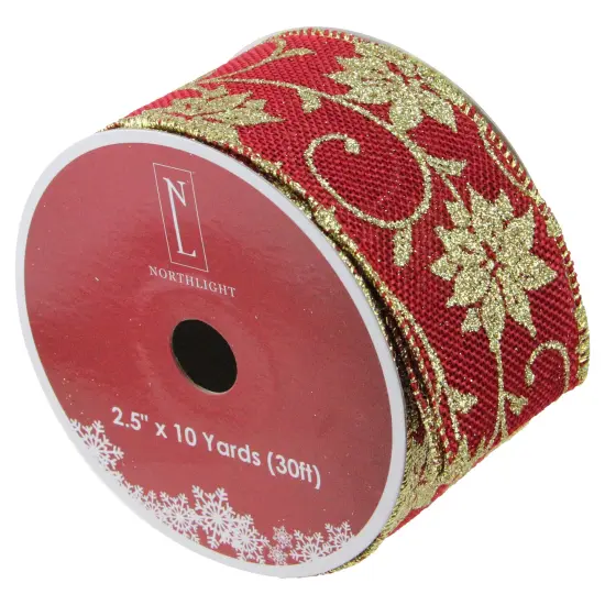 Northlight Cranberry Red and Gold Poinsettia Christmas Wired Craft Ribbon 2.5" x 10 Yards {1}