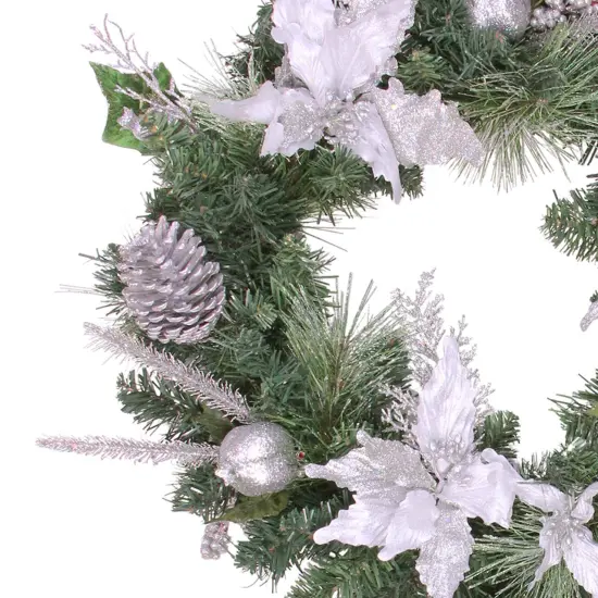 Northlight Glittered Poinsettia with Pine Cones Artificial Christmas Wreath - 24" - Unlit White {3}