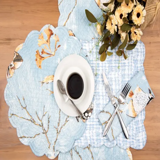 Meraki Island Quilted Reversible Blue Coastal Dining Table Runner {5}