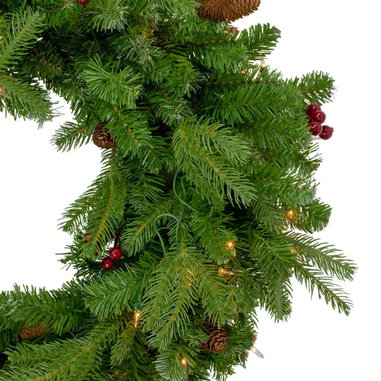 Northlight Real Touch&trade;️ Pre-Lit Mixed Winter Berry Pine Artificial Christmas Wreath - 24" - Clear Lights Green {4}