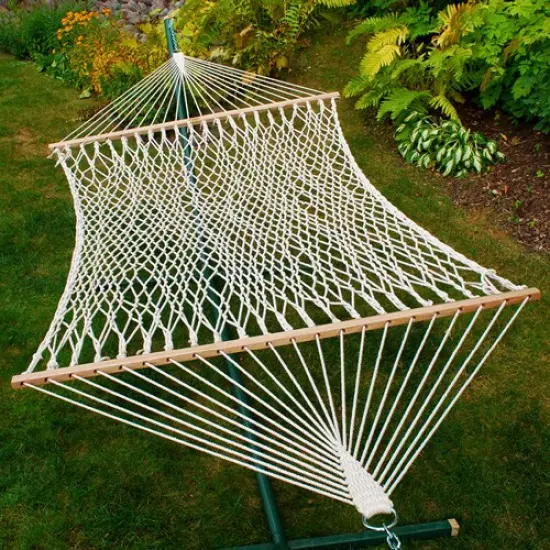 The Hamptons Collection 13' White Macrame Netted Hammock with Wooden Bars {1}