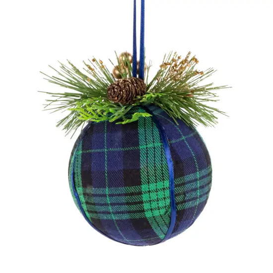 Northlight Tartan Plaid Pine Needle Christmas Ball Ornament - 4" - Green and Blue {3}
