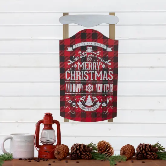 Northlight 24&rdquo; Red and Black Buffalo Plaid Merry Christmas Sled Wooden Hanging Wall Sign {3}