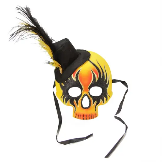 Gallerie II 14" Orange Yellow and Black Glam Rock Skull Faux Feathered Halloween Masquerade Mask {1}