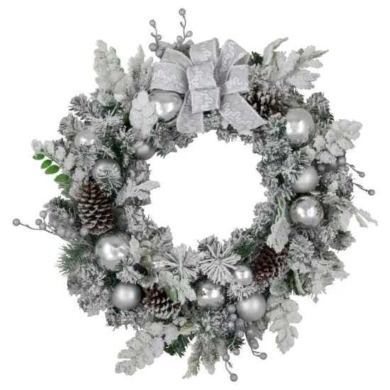 Northlight Glitter and Frosted Foliage Artificial Christmas Wreath with Bow, 30-Inch, Unlit White {1}