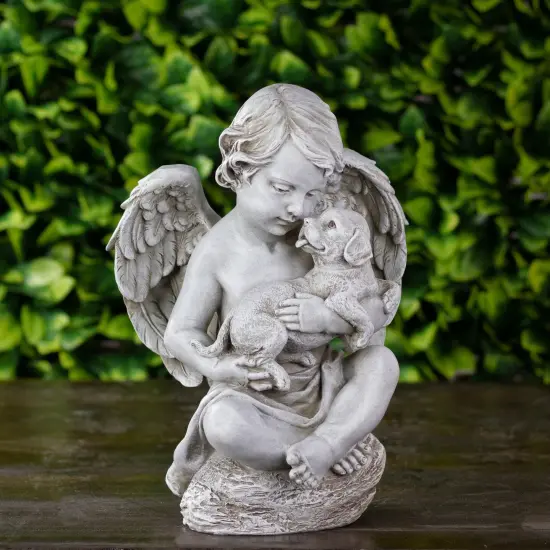 Roman 11.5" Joseph's Studio Cherub Angel with Puppy Dog Outdoor Garden Statue Gray {3}