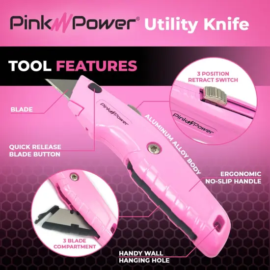 Pink Power Pink Box Cutter Retractable, Pink Utility Knife for Carpet, Box Cutter Knife Heavy Duty with 3 Blades and Storage Compartment - Box Opener Pocket Utility Pink Knife Tools for Women - 5 Pack {2}