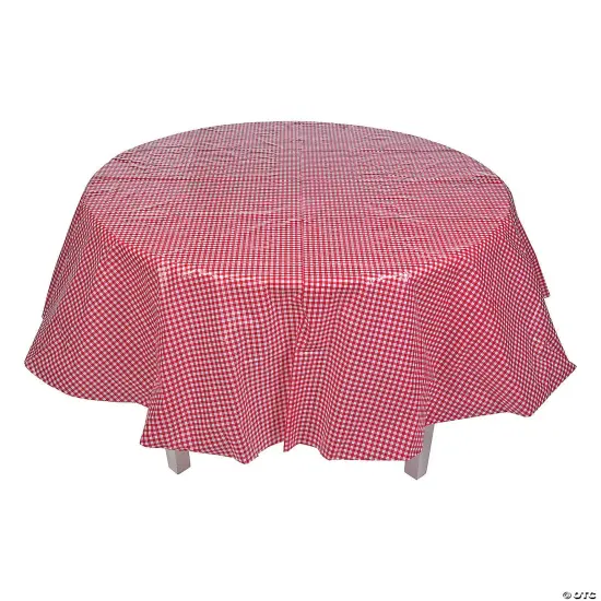 82" Red Gingham Round Plastic Tablecloth {1}