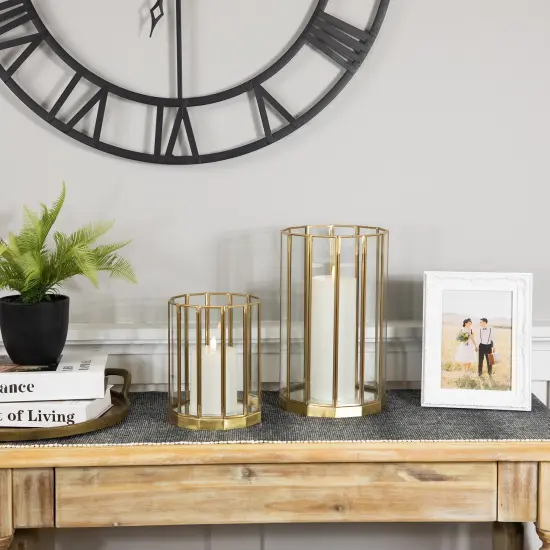 Northlight Glass Hurricane Mirrored Pillar Candle Holders - 11.75" - Brass Finish - Set of 2 Bronze {4}