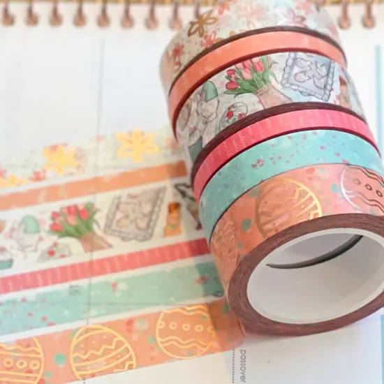 FOILED Easter Rose Gold Bunnies & Flowers Peach & Blue Washi Tape Set (#W055) {1}