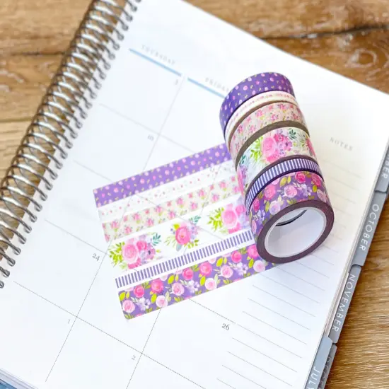 Purple Flowers & Stripes Spring Floral Washi Tape Set (#W046) {4}