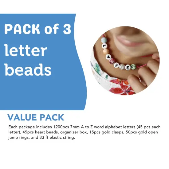 3 PACK - Incraftables 1200pcs Round Letter Beads for Jewelry Making (7mm). A-Z Letters Black Alphabet for DIY Friendship Bracelets & Crafts. ABC Circle & Heart Bead w/Elastic String, Clasps & Organizer Box {3}