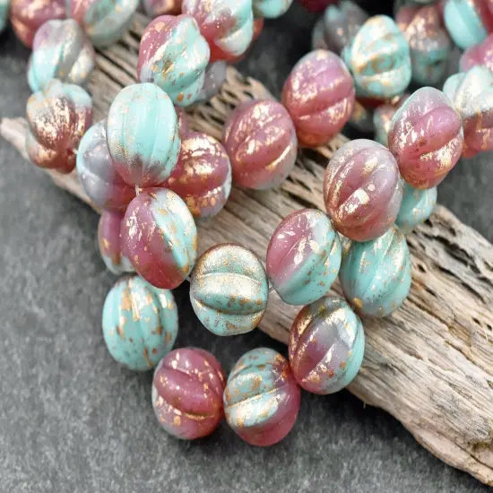 *15* 12mm Gold Washed Rose Pink & Turquoise Round Melon Beads {1}
