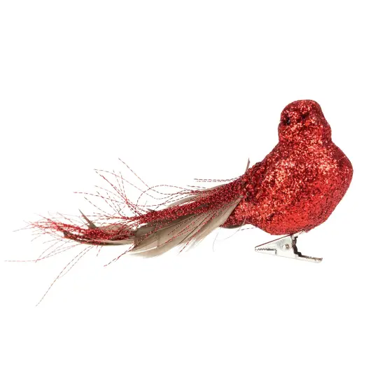 Northlight Glittered Bird with Feather Tail Christmas Clip Ornament - 7" - Red {1}