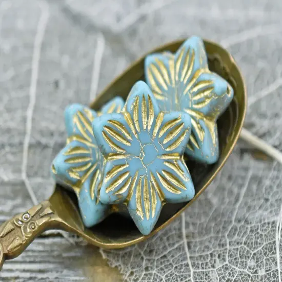 *4* 18mm Bronze Washed Blue Turquoise Star Flower Beads {3}