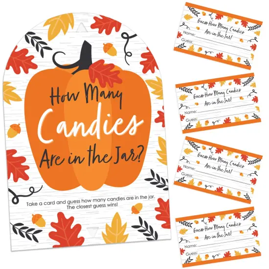 Big Dot of Happiness Fall Pumpkin - How Many Candies Halloween or Thanksgiving Party Game - 1 Stand and 40 Cards - Candy Guessing Game {1}