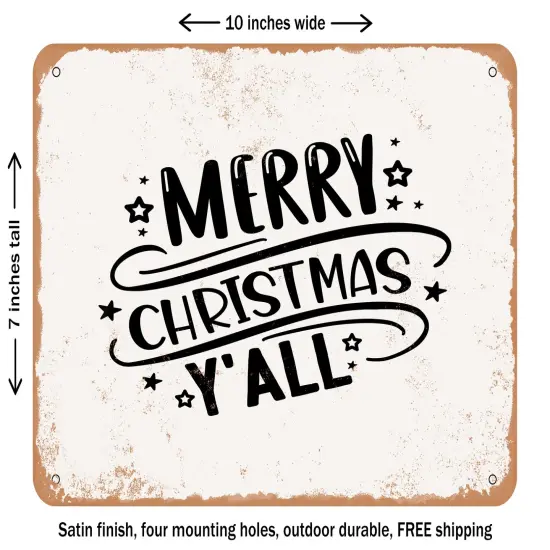 DECORATIVE METAL SIGN - Merry Christmas Y'all - 8 - Vintage Rusty Look {2}