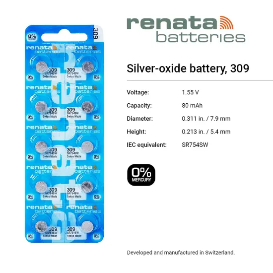 Renata Batteries 309/SR754SW Silver Oxide 1.5 V Single Watch Battery Swiss Made 5 Pcs {2}