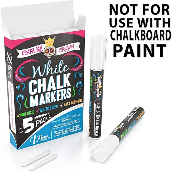 5 Pack Liquid Chalk Marker Pen - White Drawing Chalk - Chalkboard Markers for Chalkboard Signs, Windows, Blackboard, Glass - 6mm Reversible Tip - 24 Chalkboard Labels Included {3}