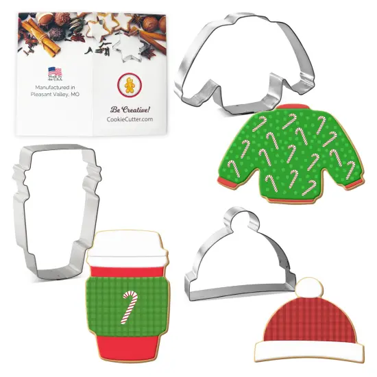 CookieCutter.com Winter 3 Piece Cookie Cutters Set, Sweater, Cap, Latte Cup, Tin Plate Steel, USA {1}