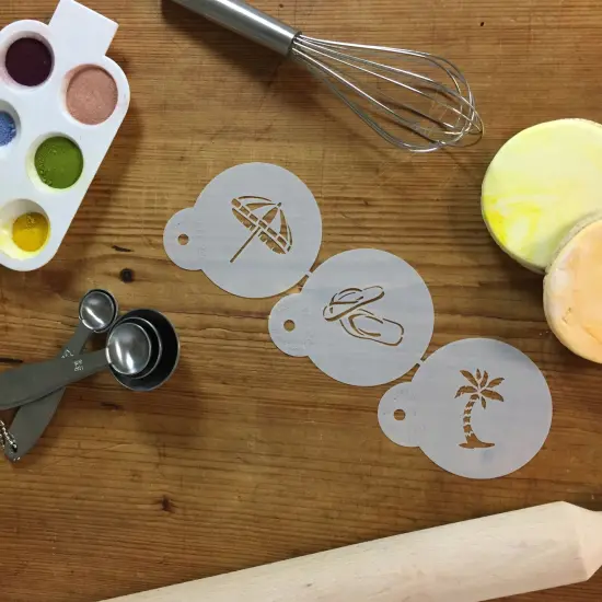 Mini Beach Cookie & Cupcake Stencil Set: Beach Umbrella, Flip-Flops, Palm Tree | C791 by Designer Stencils | Cookie Decorating Tools | Baking Stencils for Royal Icing, Airbrush, Dusting Powder | Reusable Food Grade Stencils | Easy to Use & Clean {3}