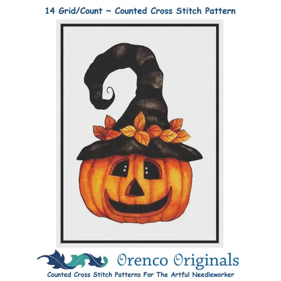 Folk Art Pumpkin in Witch Hat Halloween Counted Cross Stitch Pattern {1}