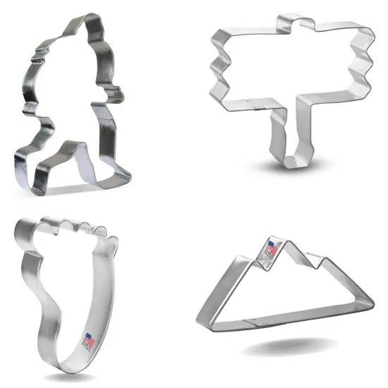 CookieCutter.com Big Foot 4 Piece Cookie Cutters Set, Wooden Sign, Mountains, Foot Print, Tin Plate Steel, USA {4}