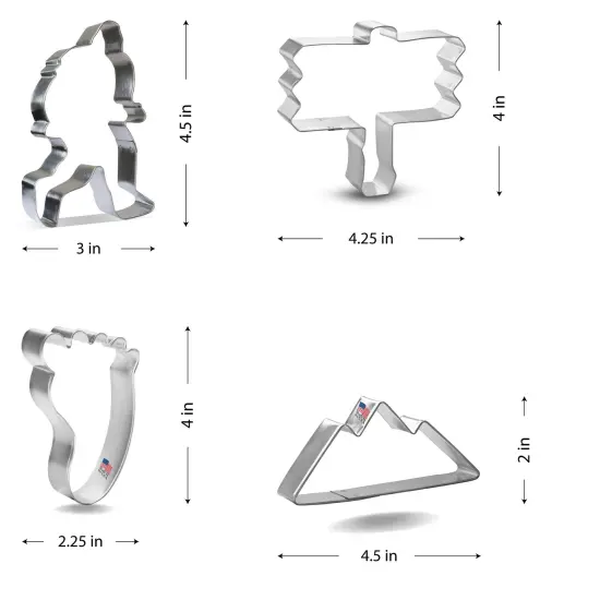 CookieCutter.com Big Foot 4 Piece Cookie Cutters Set, Wooden Sign, Mountains, Foot Print, Tin Plate Steel, USA {2}
