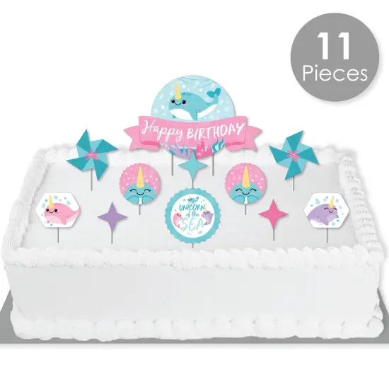 Big Dot of Happiness Narwhal Girl - Under The Sea Birthday Party Cake Decorating Kit - Happy Birthday Cake Topper Set - 11 Pieces {3}