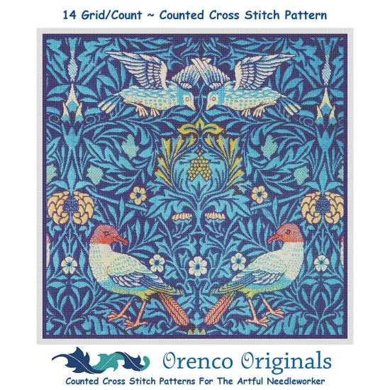 William Morris 4 Birds in Blues Counted Cross Stitch Chart Pattern {1}