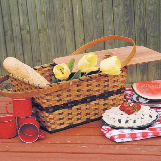 Amish-Made Hand-Woven Picnic Basket Natural Light Stain with Blue Stripe {3}