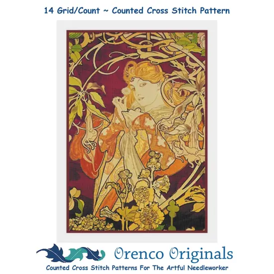 Art Nouveau Alphonse Mucha Purple Ivy Poster Counted Cross Stitch Chart Pattern {1}