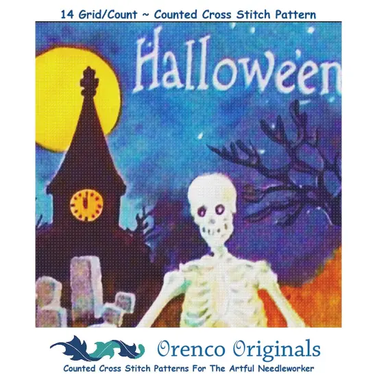 Halloween Skeleton Full Moon Detail Counted Cross Stitch Pattern {1}