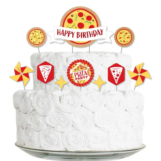Big Dot of Happiness Pizza Party Time - Birthday Party Cake Decorating Kit - Happy Birthday Cake Topper Set - 11 Pieces {1}
