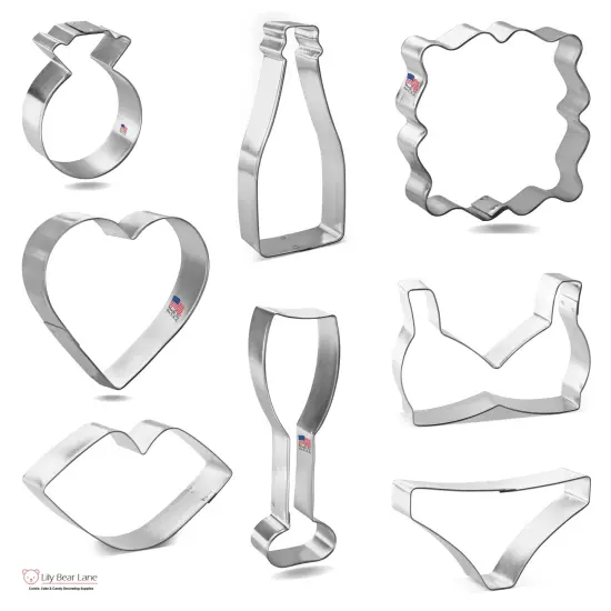 CookieCutter.com Bachelorette Party 8 Piece Cookie Cutters Set, Champagne Glass, Ring, Bottle, Bikini, Lipstick, Plaque, Tin Plate Steel, USA {4}