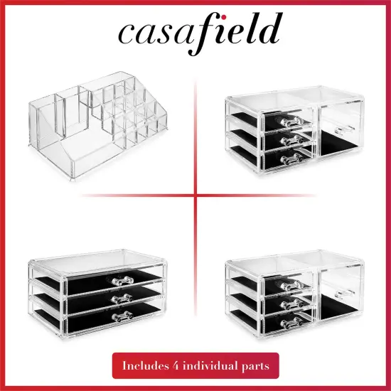 Casafield Acrylic Cosmetic Makeup Organizer & Jewelry Storage Display Case - Large 16 Slot, 2 Box & 9 Drawer Set - Clear {5}