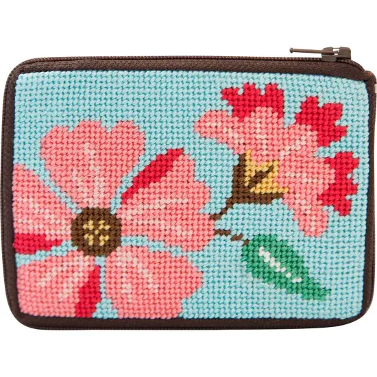 Pink Flowers Needlepoint Coin Purse Kit-- Stitch & Zip Multicolor {1}