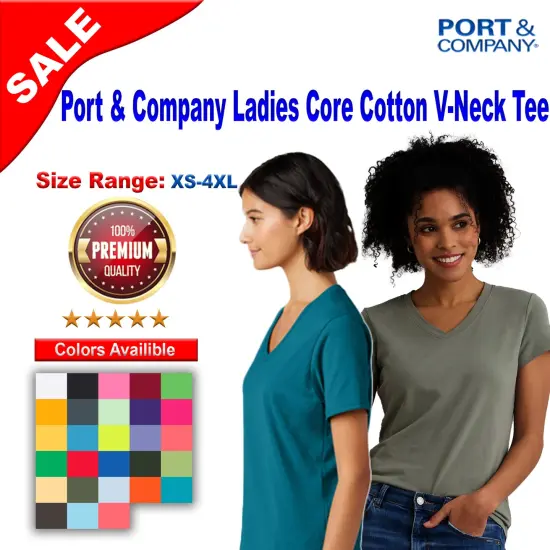 Port & Company&reg; Ladies Core Cotton V-Neck Short Sleeve T-Shirt Neon blue {2}