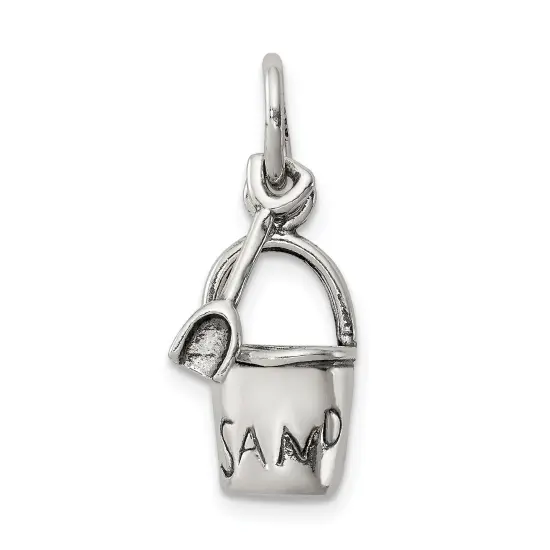 Sterling Silver Antiqued Sand Bucket & Shovel Charm Jewerly 14mm x 7mm {1}