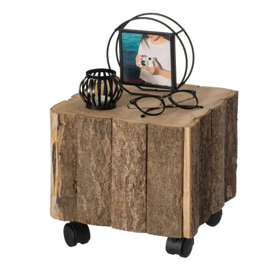 Accent Decorative Natural Wooden Square Stump Stool, with Wheels for Indoor and Outdoor {1}