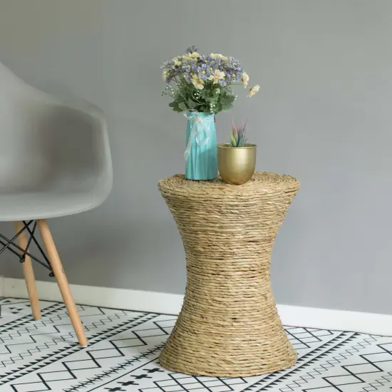 Decorative Round Wicker Side Table Hourglass Shape Accent Coffee Table {2}
