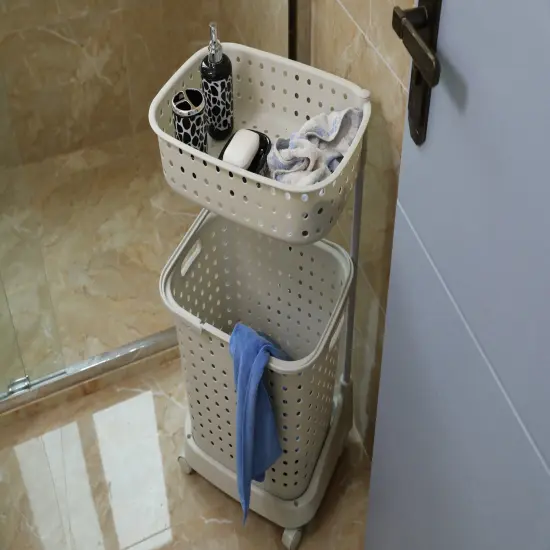 2 Tier Plastic Laundry Basket with Wheels {3}
