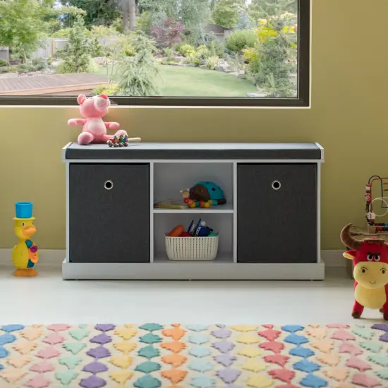 MDF Storage Box Shoe Bench with 2 Shelves, Foldable Baskets and a Gray Cushion, White {4}
