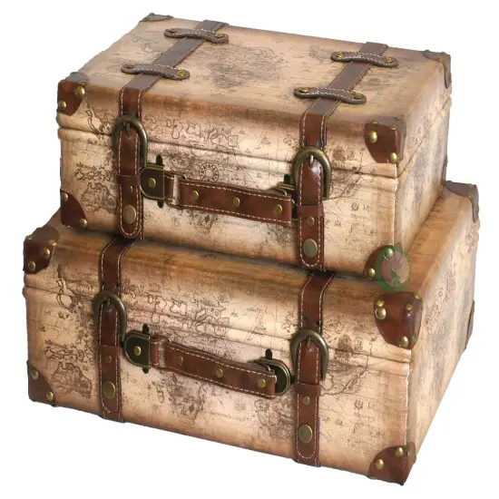 Old World Map Leather Vintage Style Suitcase with Straps, Set of 2 {1}