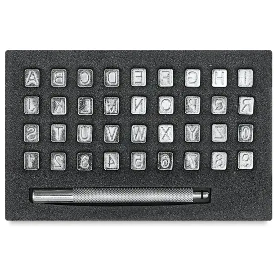 Realeather Leather Tooling Set - 1/4" Alphabet and Numbers with Handle, Set of 36 Stamps {1}