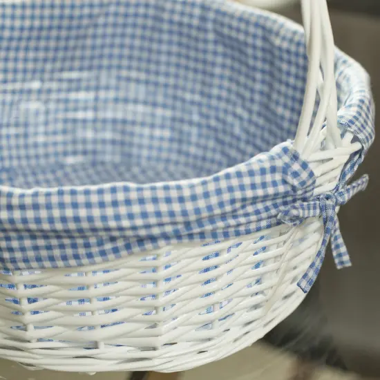 White Round Willow Gift Basket, with Gingham Liner and Handles Blue {12}