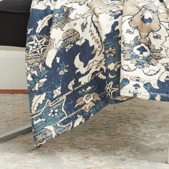 50" x 60" Saanvi Cream & Blue Cotton Super Soft Cozy Accent Throw Blanket {4}