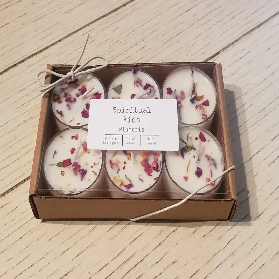 Plumeria Natural 6 Count Soy Wax Tealights Hand Poured with Fragrant/Essential Oils & Dried Flowers | Christmas Gift | Wedding Favors | {3}